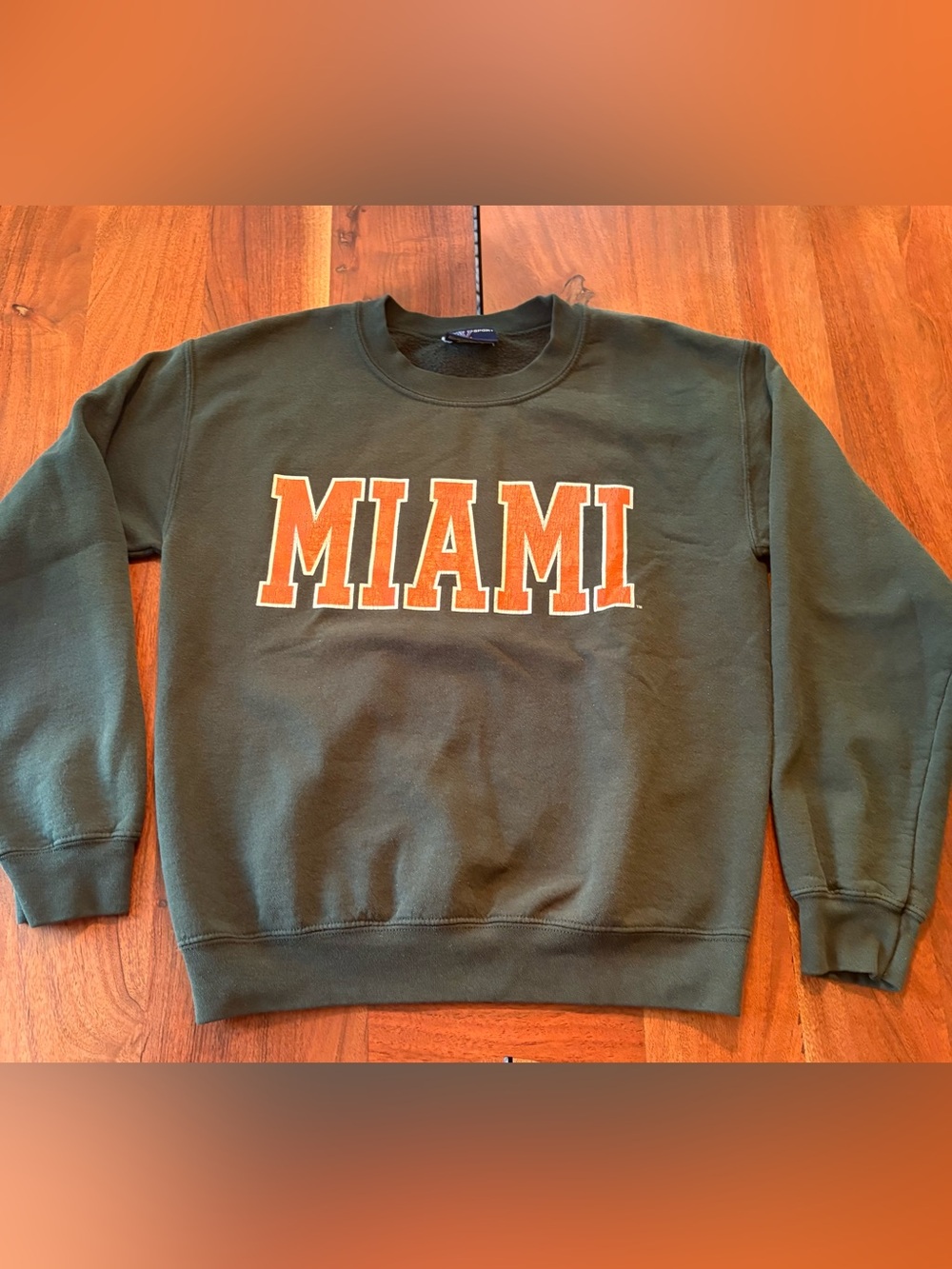MV Sport Miami Crewneck Sweater - Olive Green with Orange Lettering vintage